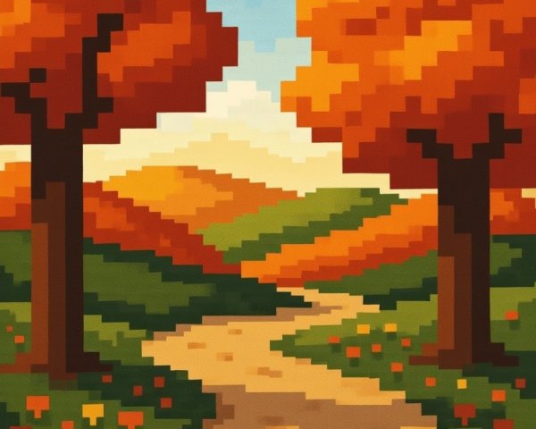 Vibrant Pixel Art Landscape with Autumn Foliage