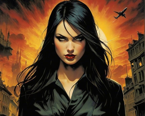 Female figure with dark hair against fiery sunset