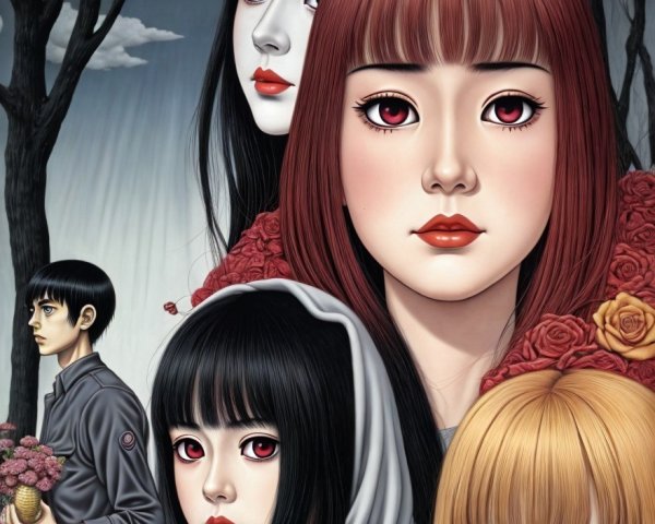 Surreal Anime Composition with Five Figures and Roses