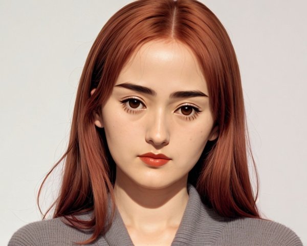 Young woman with long reddish-brown hair in gray sweater