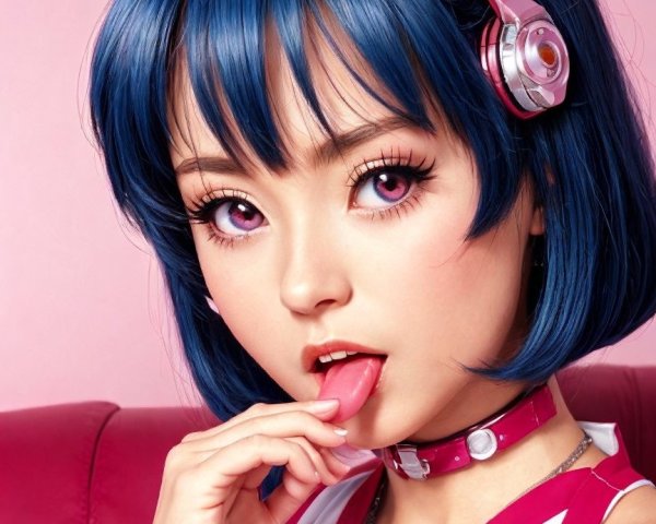 Young woman with blue hair in playful pink setting
