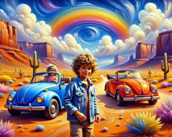 Cheerful Boy in Desert with Classic Cars and Rainbow