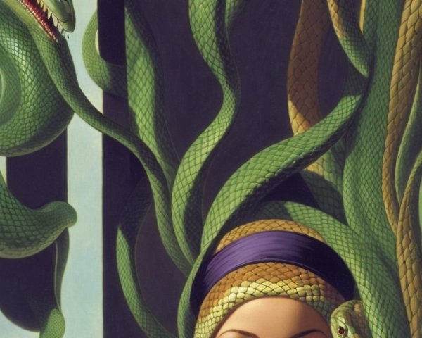 Serene Woman Surrounded by Swirling Green Snakes