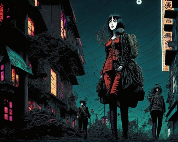 Three Figures in a Dark Urban Landscape with Shadows