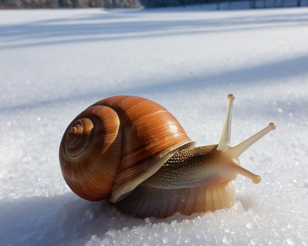 Snail on Snowy Landscape with Spiral Shell and Trees