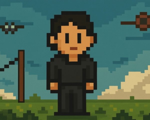 Pixelated Character in Vibrant Landscape Scene