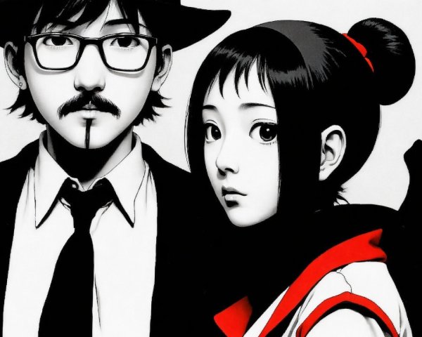 Black and White Illustration of Two Characters
