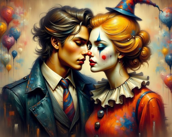 Whimsical Scene of a Couple with Clown and Dapper Attire