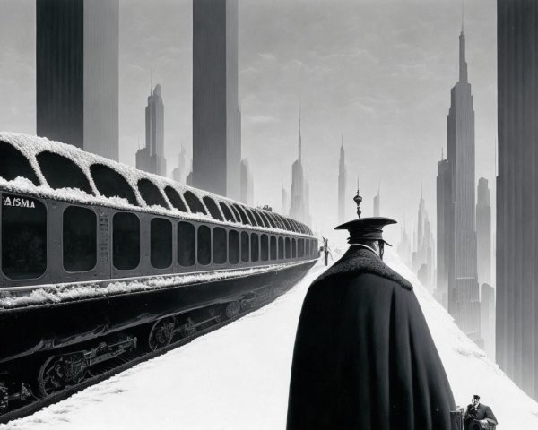 Surreal Scene of Figure on Snowy Train Platform