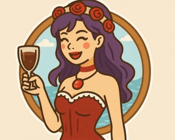 Cheerful Woman in Vintage Red Dress with Wine Glass