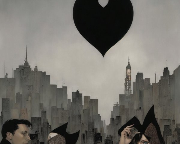 Mysterious Figures in Dark Urban Scene with Heart Pendant