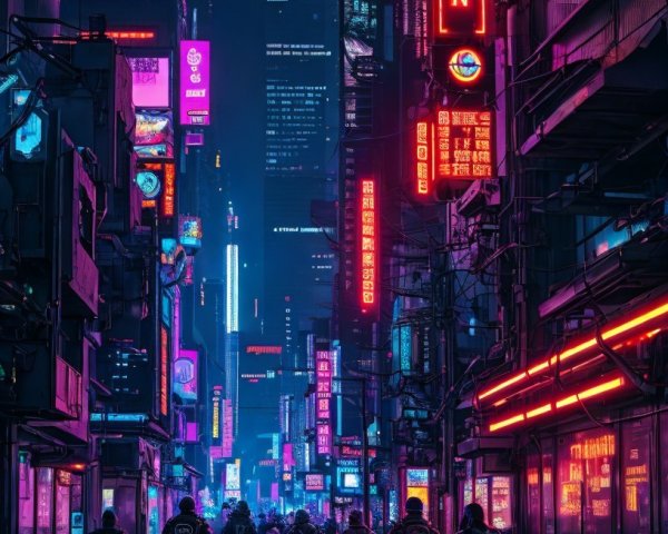 Futuristic neon city street in cyberpunk style