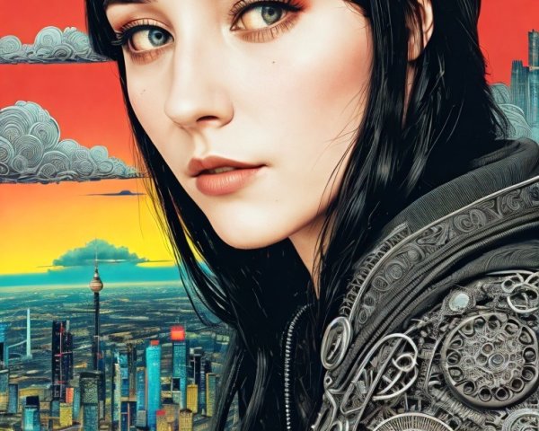Female Figure with Black Hair in Futuristic Cityscape