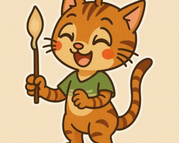 Cartoon Tabby Cat in Green Shirt on Blue Rug