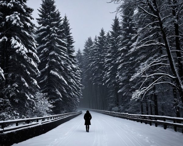 Lone Figure Walking on Snow-Covered Forest Road