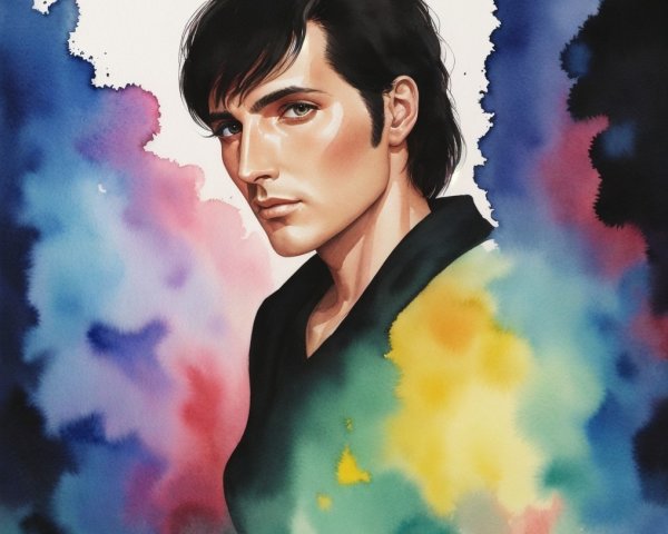 Portrait of a Young Man with Dark Hair in Watercolor