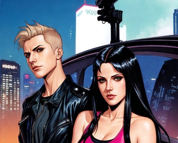 Stylish Characters Against Vibrant City Skyline