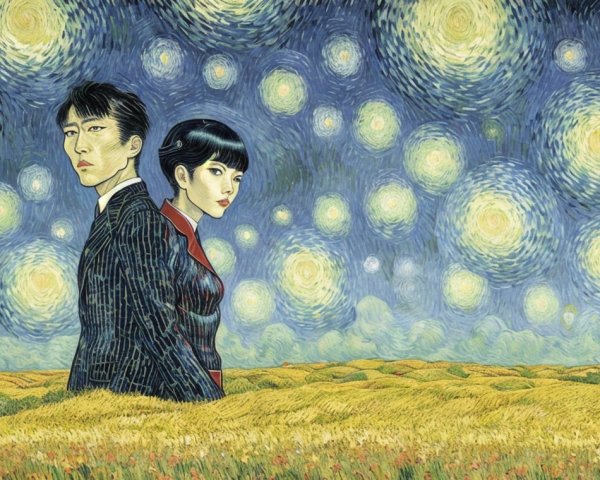 Couple in Wheat Field Under Starry Sky in Van Gogh Style
