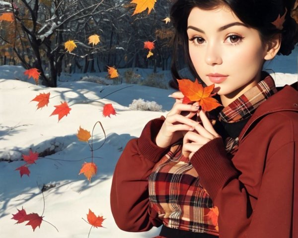 Young woman in maroon outfit against snowy backdrop