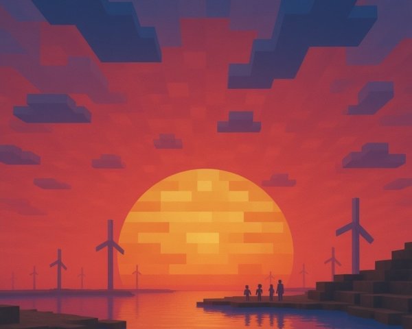 Vibrant Pixel Art of Sunset with Silhouetted Figures