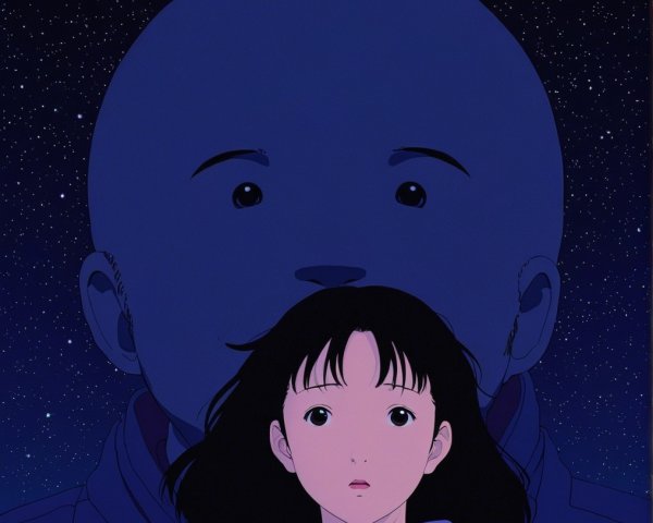 Young woman in blue jacket with shadowy figure backdrop