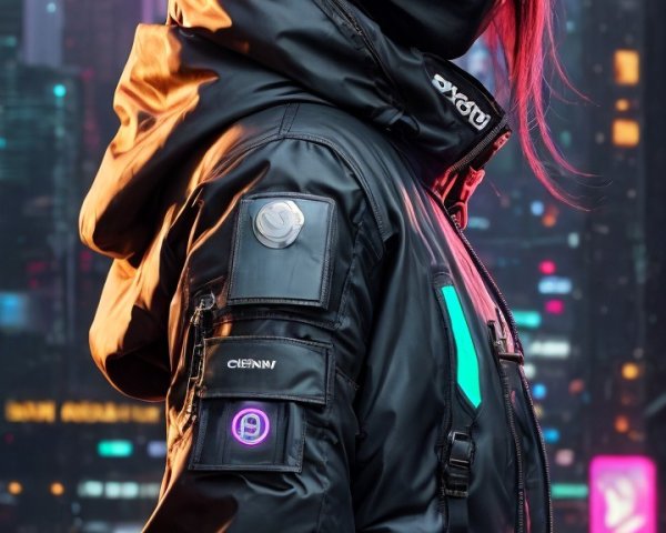 Stylish Figure in Futuristic Outfit Against Neon Cityscape