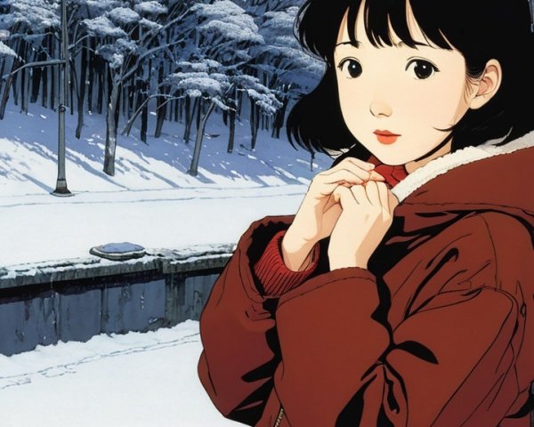 Young girl in red jacket in snowy landscape