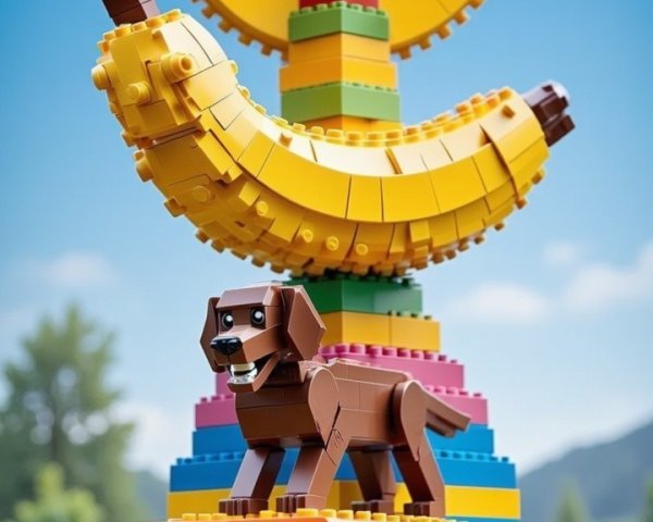 Colorful LEGO Scene with Tower, Van, and Dog