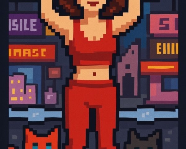 Vibrant Pixel Art Scene of Woman and Two Cats