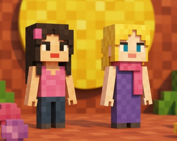 Pixelated Characters in Colorful Minecraft Environment