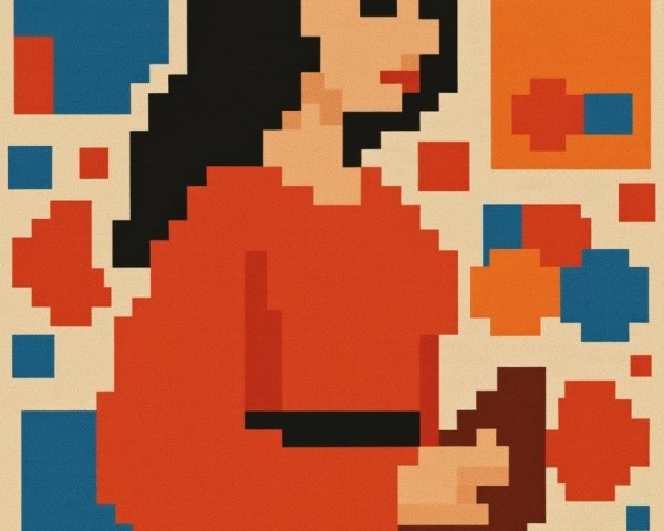 Pixel Art of Woman in Red with Geometric Background