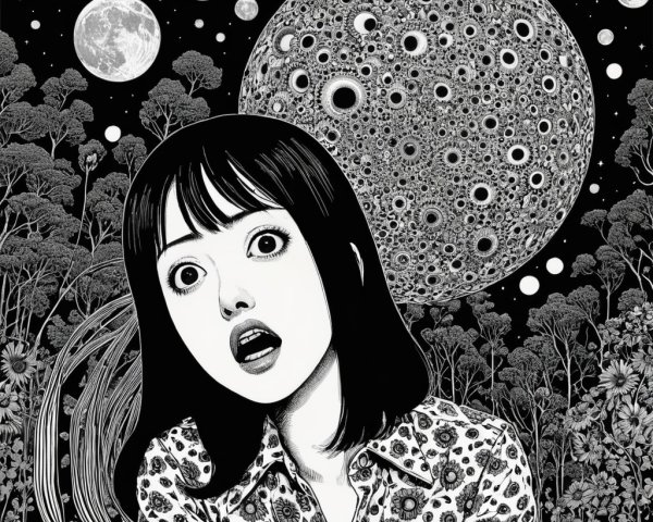 Black-and-white illustration of a surprised woman in space