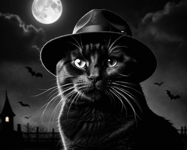 Black and White Cat in Fedora with Spooky Background