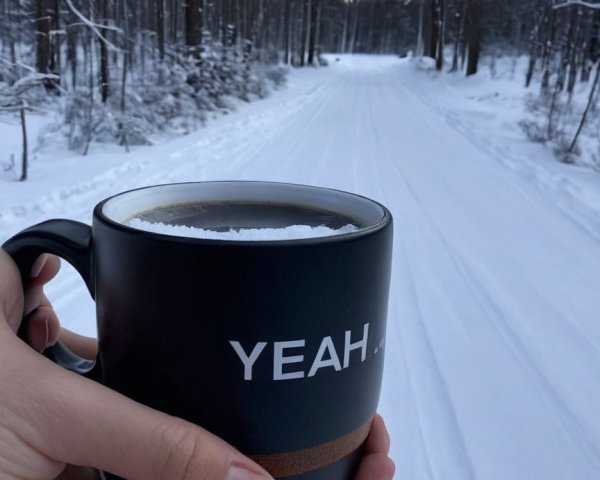 Black Mug with "YEAH" and Winter Landscape Background