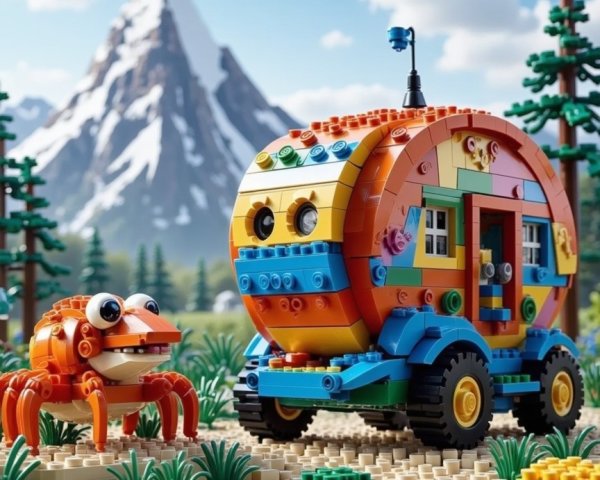 Vibrant LEGO Camper Van in Scenic Outdoor Setting