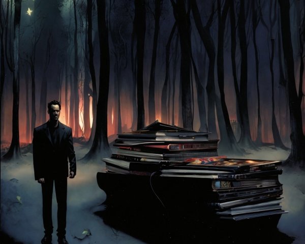 Solitary Figure and Books in a Shadowy Forest Scene