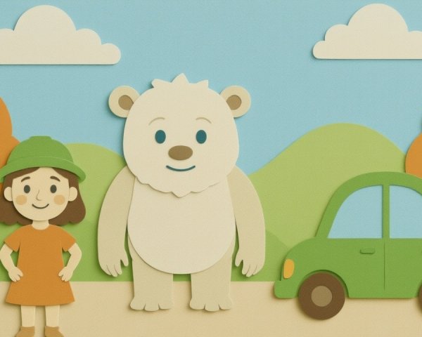 Whimsical Girl and Bear in Colorful Landscape Scene