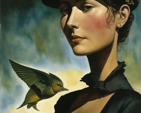 Woman in Dark Outfit with Floral Hat and Bird