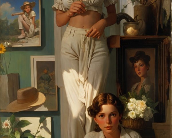 Young Women in Sunlit Room with Portraits and Sunflowers