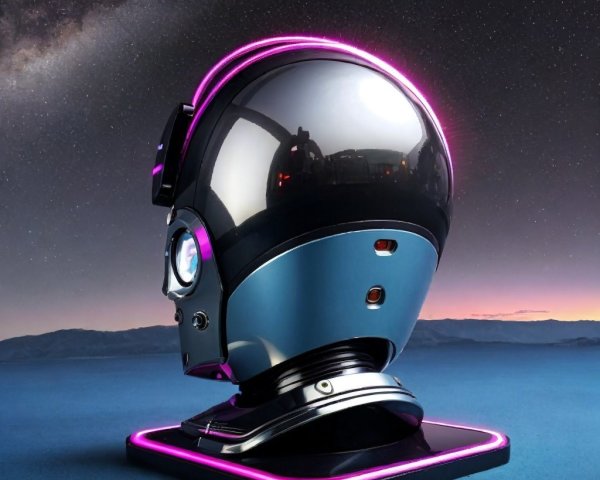 Futuristic Robot Head Sculpture with Chrome Surface