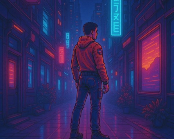 Cyberpunk Scene with Man in Red Hoodie and Neon Signs