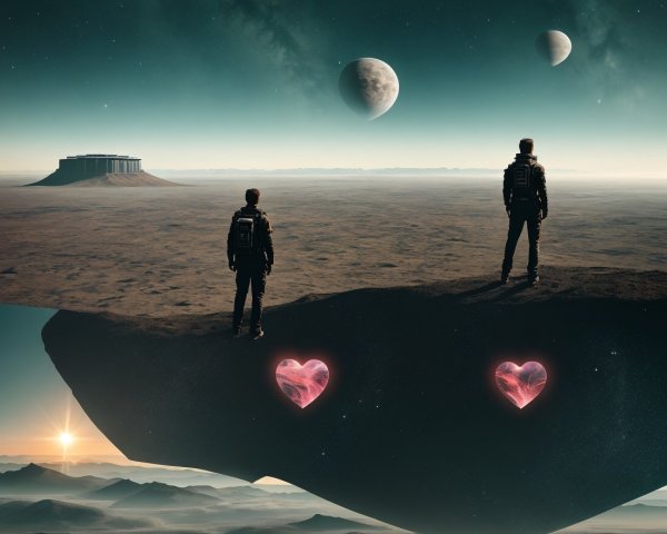 Surreal Landscape with Astronauts and Luminous Hearts