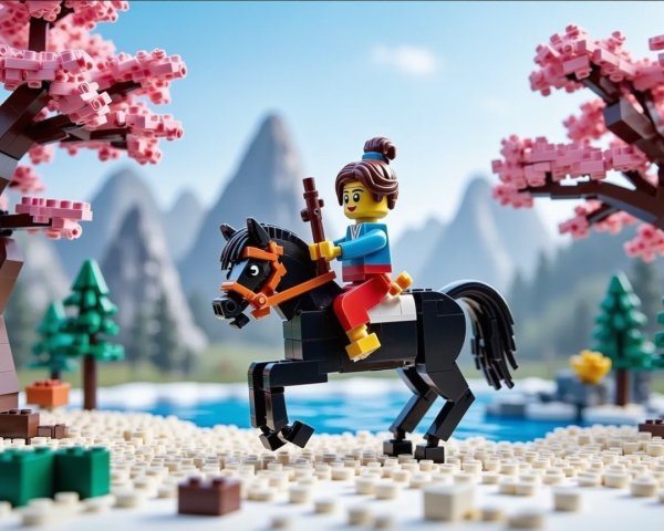 Lego Landscape with Cheerful Figure and Black Horse