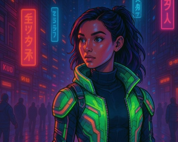 Futuristic cityscape with neon lights and a young woman