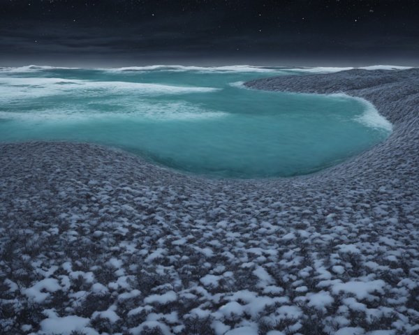 Snow-Covered Alien Landscape with Aquamarine Lake