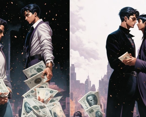 Dramatic Scene of Cash and Intimacy in a City Setting
