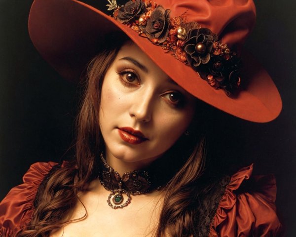 Portrait of a Woman in a Red Hat with Vintage Attire