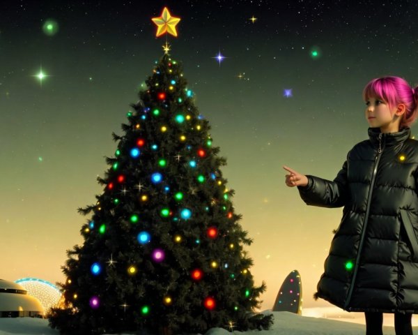 Young girl with pink hair by a decorated Christmas tree