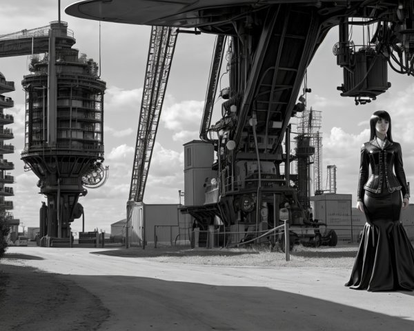 Solitary Figure in Black Gown in Industrial Landscape