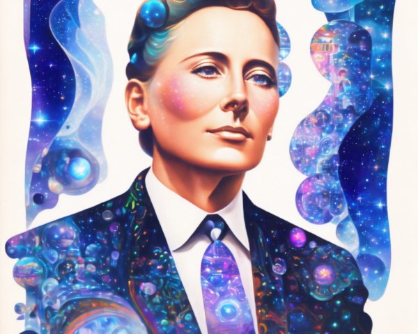 Stylized Portrait Against Cosmic Background